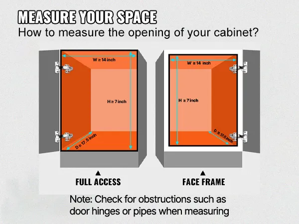 measure your space for VEVOR pull out cabinet organizer with width ≥ 12.3", depth ≥ 16.5", height ≥ 3.3".