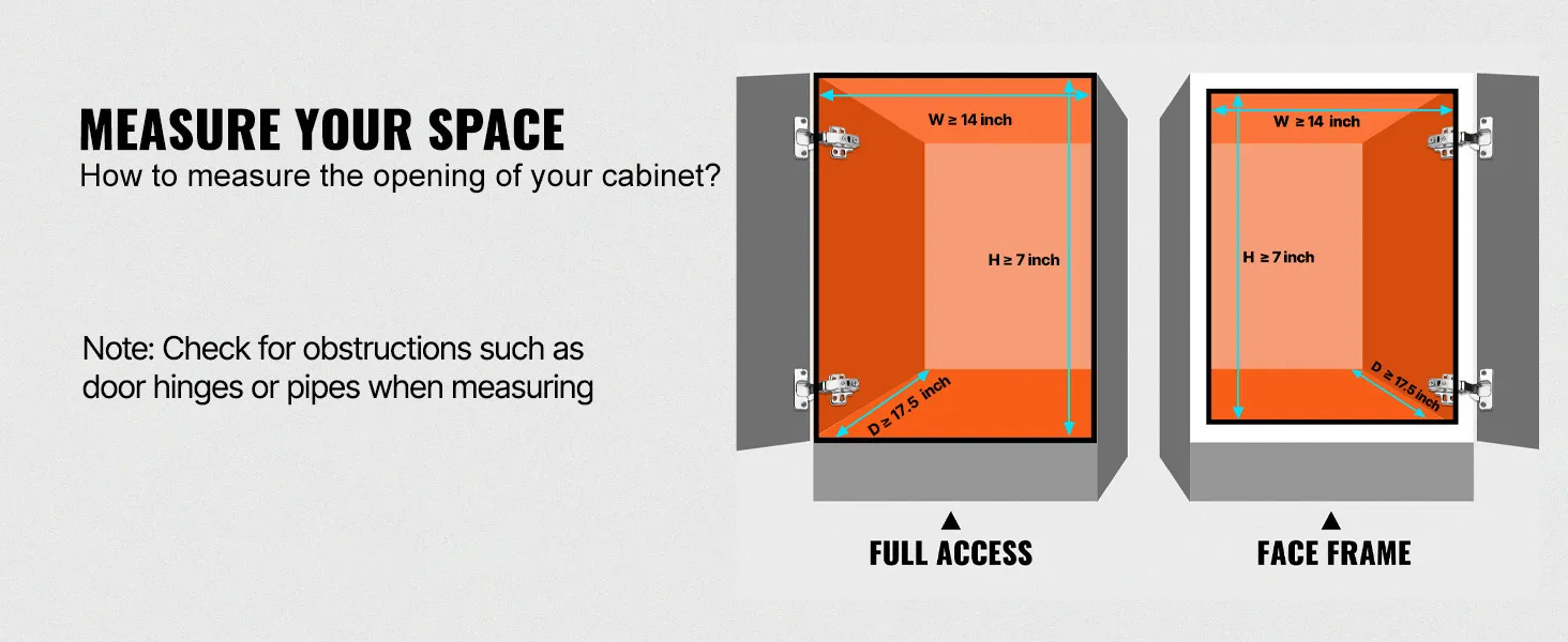 measure your space for VEVOR pull out cabinet organizer with width ≥ 12.3", depth ≥ 16.5", height ≥ 3.3".