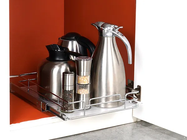 VEVOR pull out cabinet organizer with stainless steel kettles and spice containers on a red background.