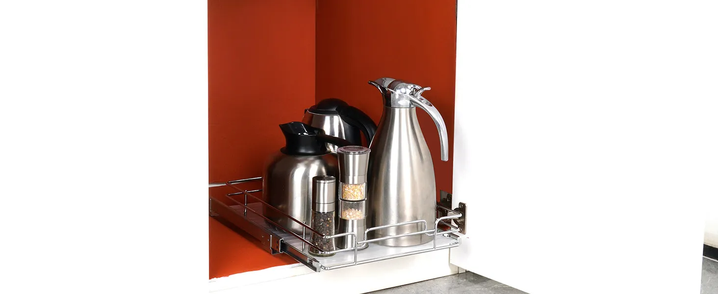 VEVOR pull out cabinet organizer with stainless steel kettles and spice containers on a red background.