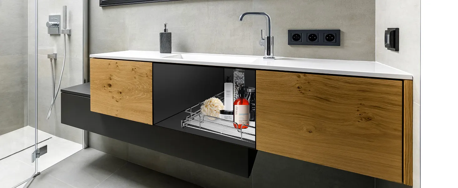 modern bathroom with open VEVOR pull out cabinet organizer showcasing toiletries and a loofah.