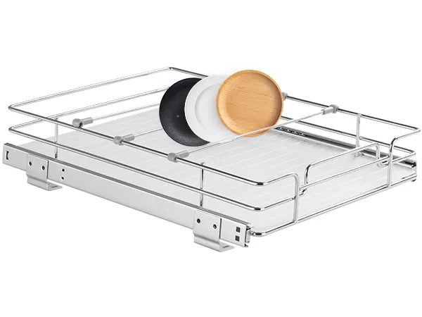 VEVOR pull out cabinet organizer with metal frame, holding three round plates in different colors.