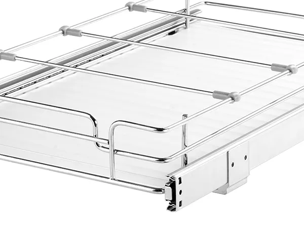 stainless steel VEVOR pull out cabinet organizer with smooth sliding rails and adjustable brackets.