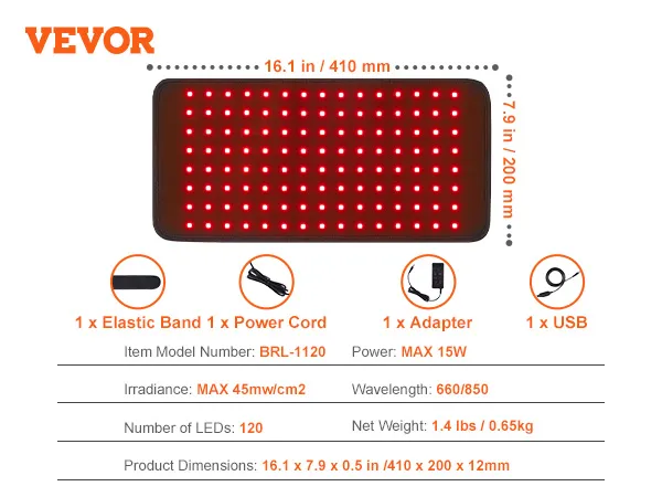 VEVOR red light therapy pad with 120 leds, dimensions 16.1 x 7.9 x 0.5 inches, includes power cord.