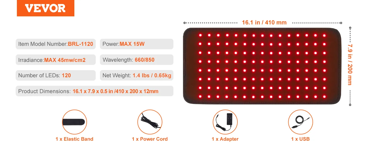 VEVOR red light therapy pad with 120 leds, dimensions 16.1 x 7.9 x 0.5 inches, includes power cord.