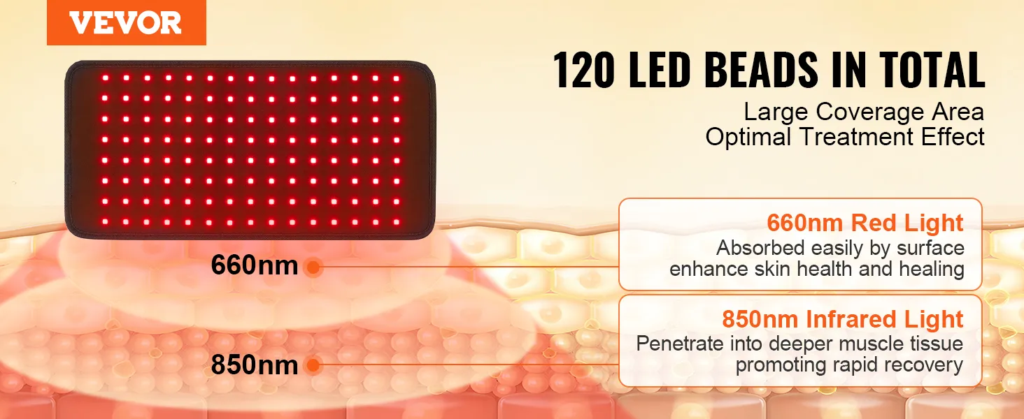 VEVOR red light therapy pad with 120 led beads for effective skin and muscle healing.