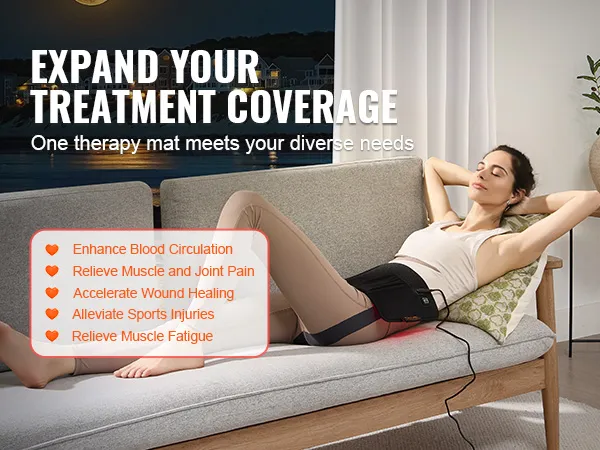 person using VEVOR red light therapy pad on a couch, promoting benefits like pain relief and improved circulation.