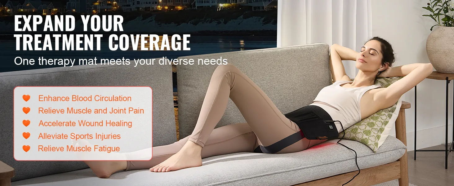 person using VEVOR red light therapy pad on a couch, promoting benefits like pain relief and improved circulation.