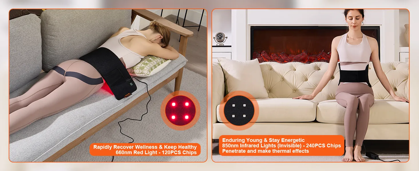 two people demonstrating the VEVOR red light therapy pad on a sofa for wellness and recovery.