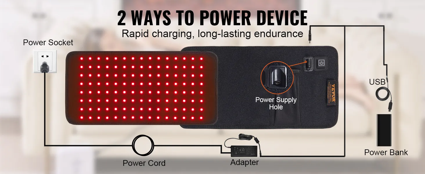 VEVOR red light therapy pad powered by power socket, adapter, or usb for rapid charging and long endurance.