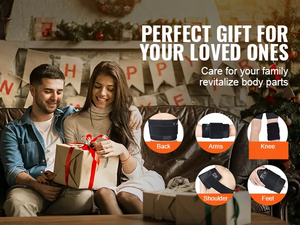 happy couple exchanging gifts on a couch with VEVOR red light therapy pad benefits shown for back, arms, knee, shoulder, and feet.