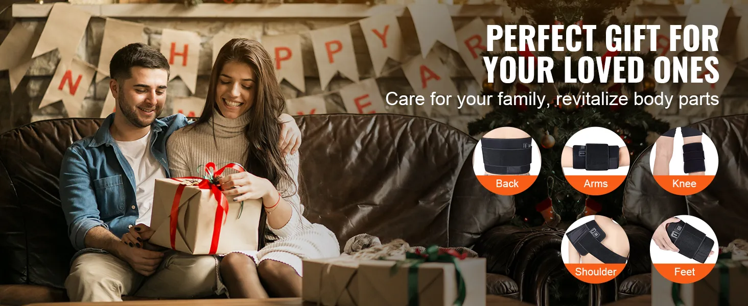 happy couple exchanging gifts on a couch with VEVOR red light therapy pad benefits shown for back, arms, knee, shoulder, and feet.