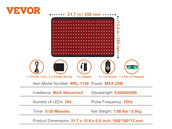 VEVOR roodlichttherapiepaneel met specificaties: 264 leds, 22 W vermogen, 5-30 min timer, accessoires inbegrepen.