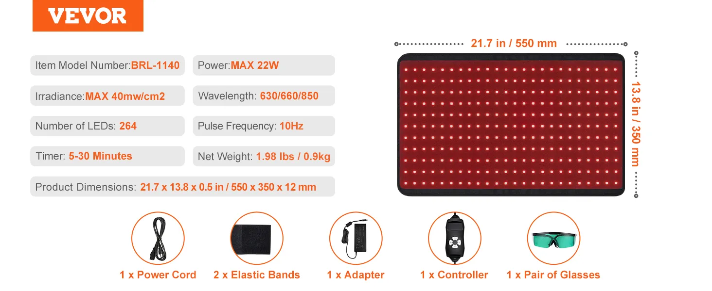 VEVOR roodlichttherapiepaneel met specificaties: 264 leds, 22 W vermogen, 5-30 min timer, accessoires inbegrepen.