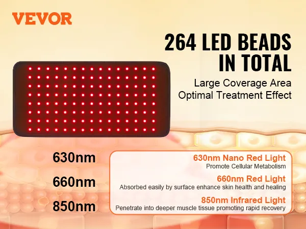VEVOR-apparaat voor roodlichttherapie met 264 led-kralen met golflengtes van 630 nm, 660 nm en 850 nm.