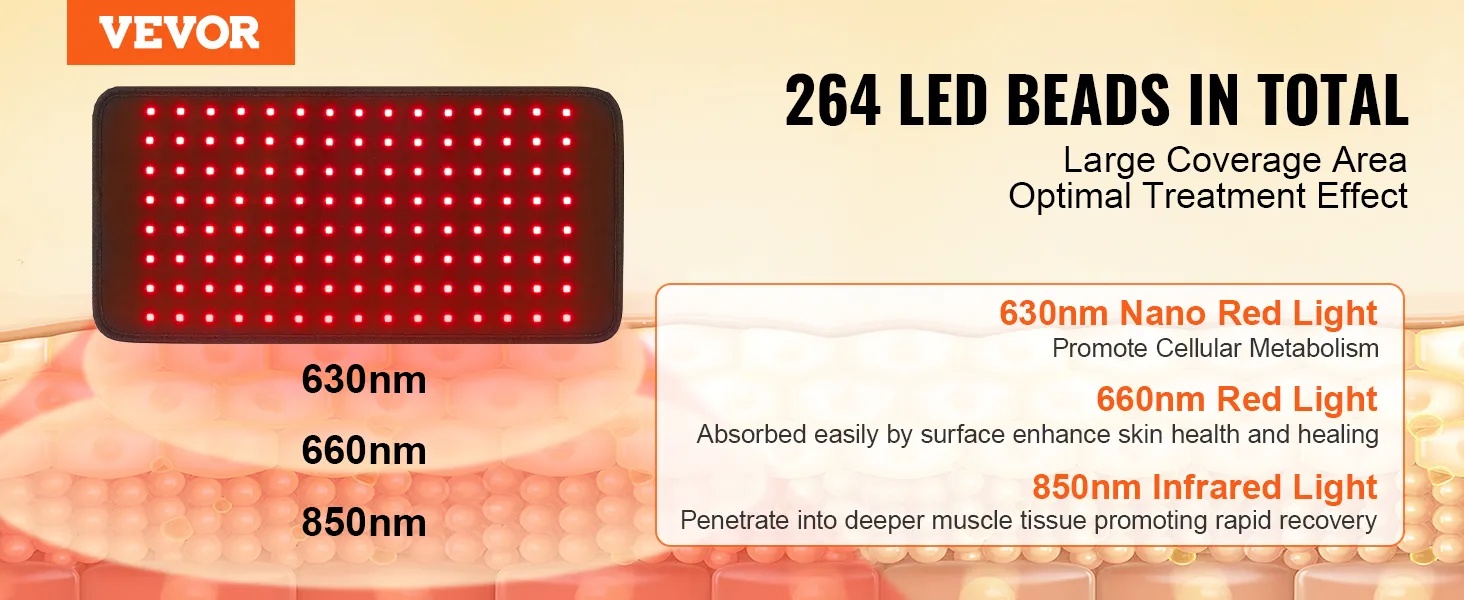 VEVOR-apparaat voor roodlichttherapie met 264 led-kralen met golflengtes van 630 nm, 660 nm en 850 nm.