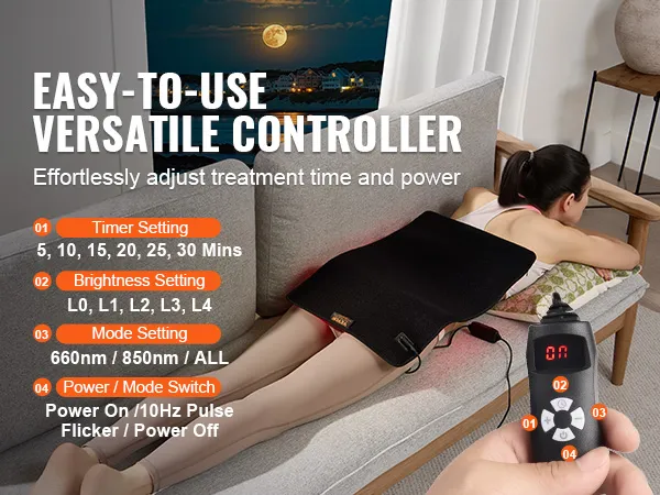 VEVOR roodlichttherapiepad met veelzijdige controller voor aanpasbare behandelingsinstellingen op een bank.