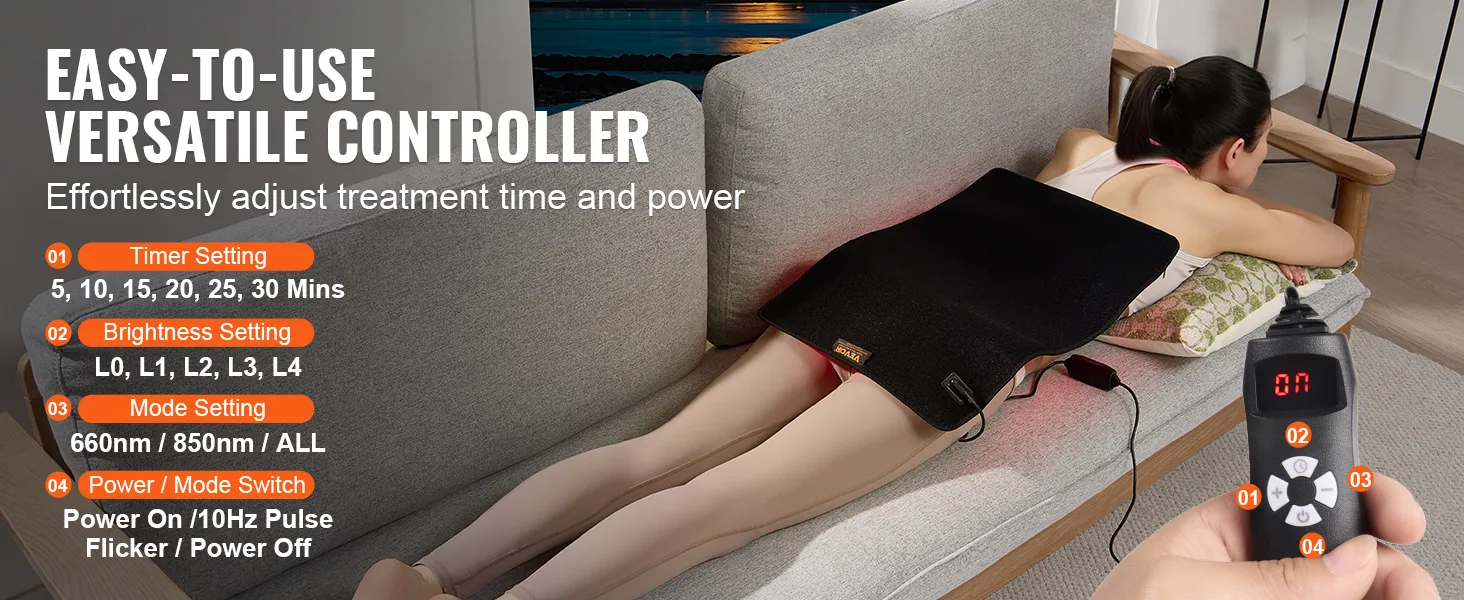 VEVOR roodlichttherapiepad met veelzijdige controller voor aanpasbare behandelingsinstellingen op een bank.
