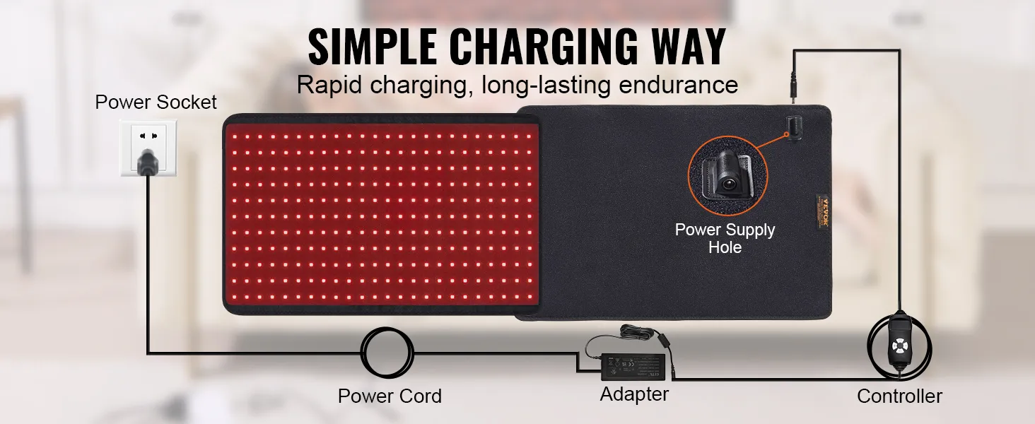 VEVOR-apparaat voor roodlichttherapie met oplaadcomponenten: netsnoer, adapter en controller.