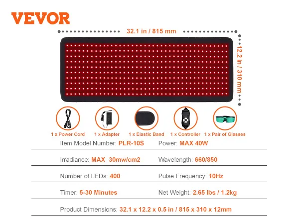Esterilla de terapia de luz roja VEVOR, 400 led, 32,1 x 12,2 pulgadas, temporizador de 5 a 30 minutos, incluye cable de alimentación, controlador y gafas.