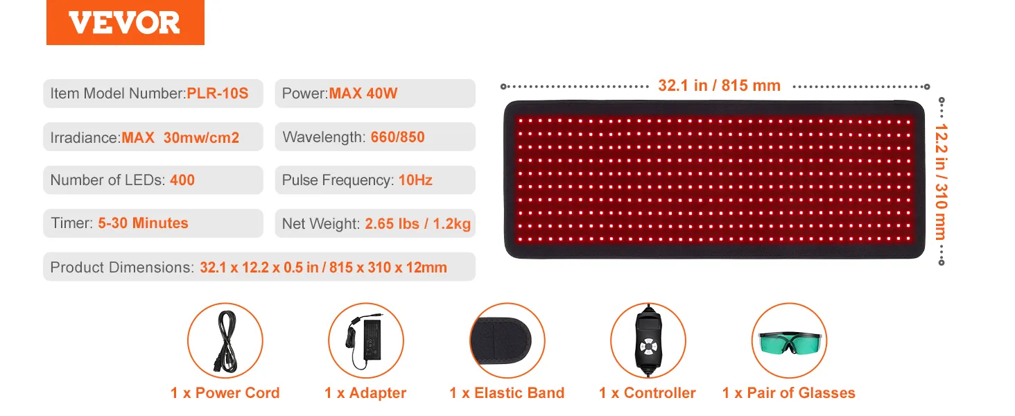 Esterilla de terapia de luz roja VEVOR, 400 led, 32,1 x 12,2 pulgadas, temporizador de 5 a 30 minutos, incluye cable de alimentación, controlador y gafas.