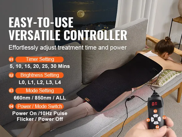 Esterilla de terapia de luz roja VEVOR sobre un sofá con configuraciones de controlador versátiles para temporizador, brillo y modos.