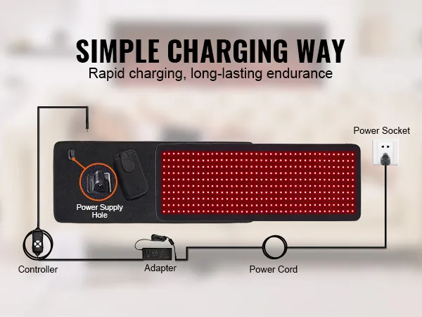 Esterilla de terapia de luz roja VEVOR conectada a través de un cable de alimentación y un adaptador, destacando la forma de carga simple.