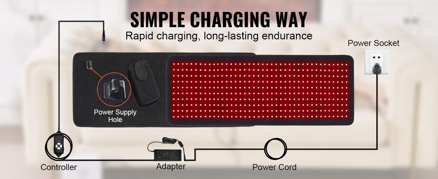 Esterilla de terapia de luz roja VEVOR conectada a través de un cable de alimentación y un adaptador, destacando la forma de carga simple.