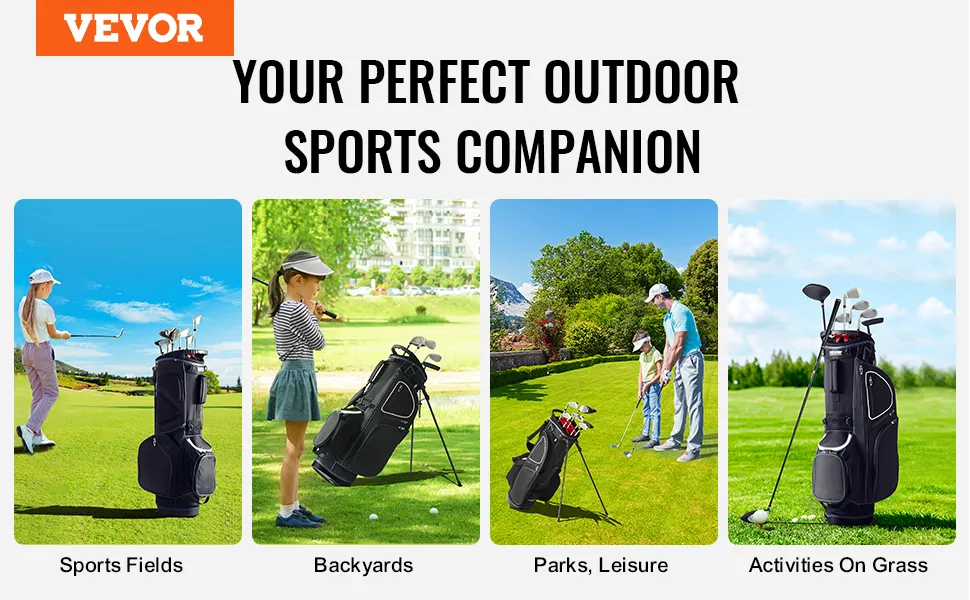 VEVOR golf cart bag on sports fields, backyards, parks, and grass, promoting outdoor activities.