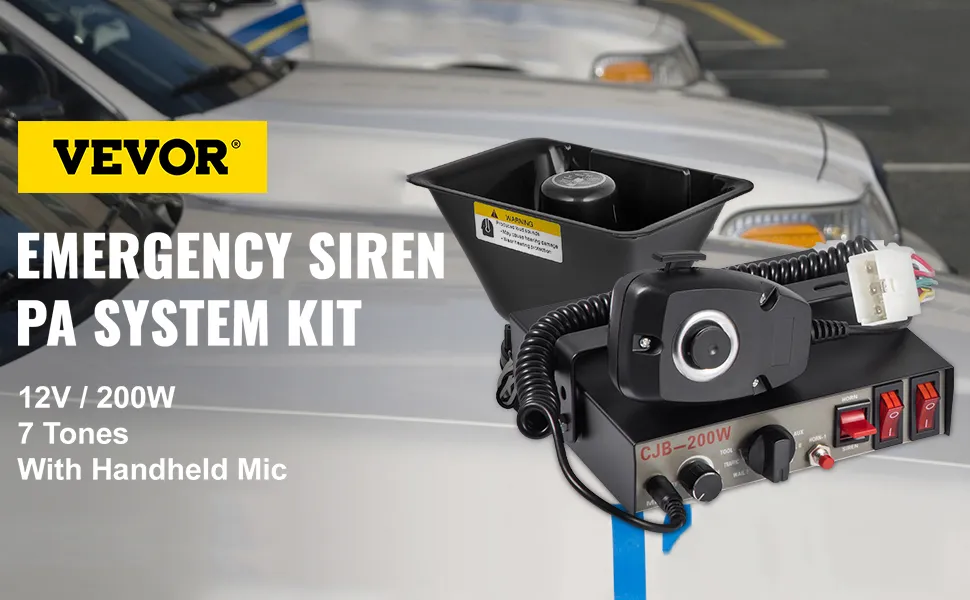 Kit sistema di allarme per auto VEVOR con microfono portatile, 12 V/200 W, 7 toni, su sfondo di un'auto della polizia.