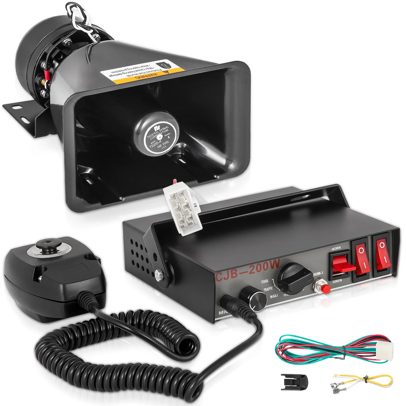 Sistema di allarme per auto VEVOR con altoparlante da 200 W, scatola di controllo e accessori di cablaggio.