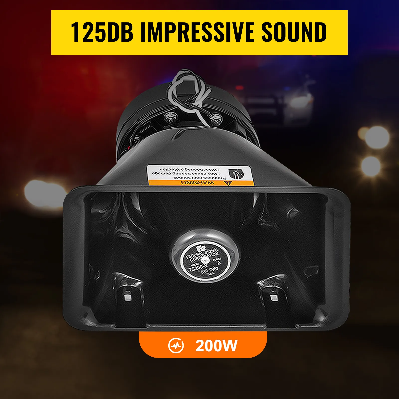 Allarme antifurto per auto VEVOR con suono da 125 dB, potenza da 200 W e targhetta di avvertimento davanti alle luci della polizia.