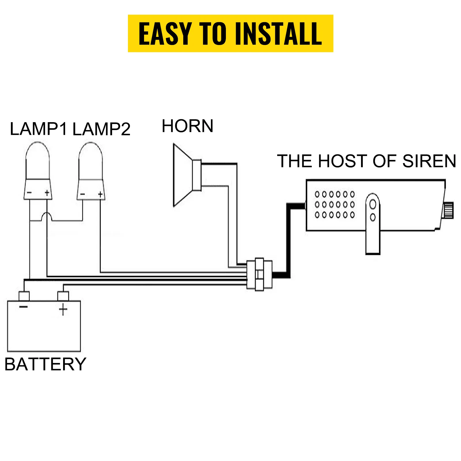 Schema elettrico dell'allarme per auto VEVOR con batteria, lampade, clacson e sirena, facile da installare.