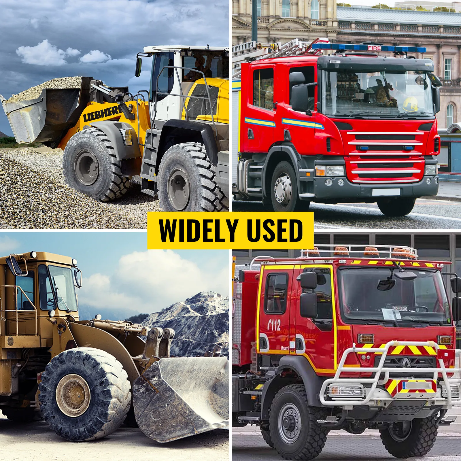 auto della polizia, camion dei pompieri, bulldozer e ambulanze che illustrano l'ampio utilizzo dell'allarme di avvertimento per auto VEVOR.