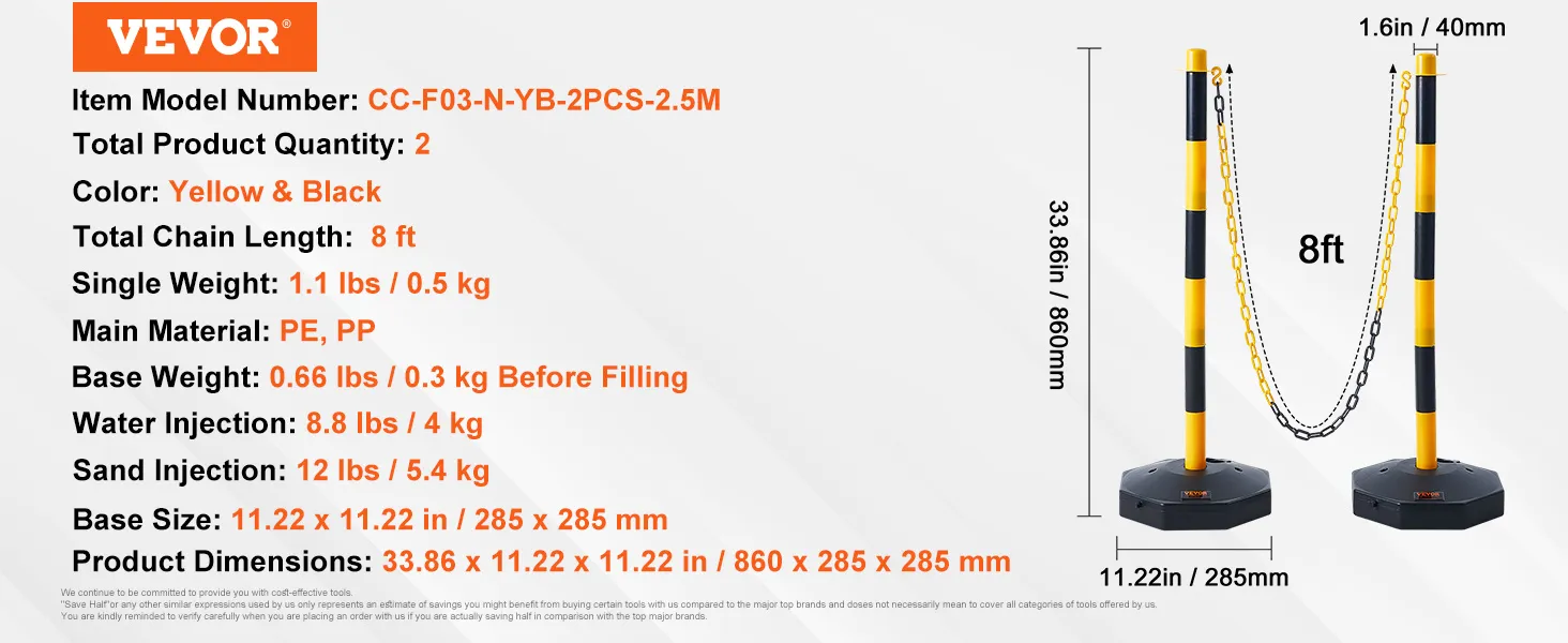 Conos delimitadores de tráfico VEVOR, amarillo y negro, longitud de cadena de 8 pies, altura 33,86 pulgadas, 2 unidades.