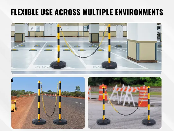 Conos delimitadores de tráfico VEVOR en uso en interiores, en una carretera y en un área de construcción.