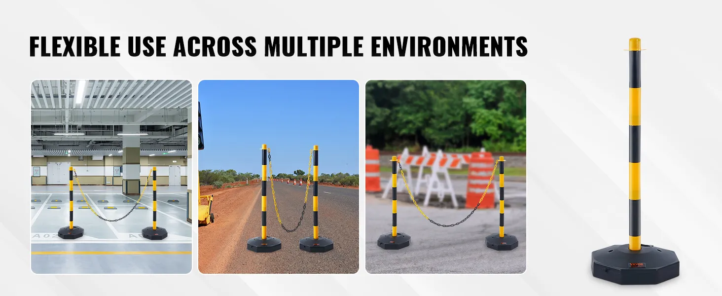 Conos delimitadores de tráfico VEVOR en uso en interiores, en una carretera y en un área de construcción.