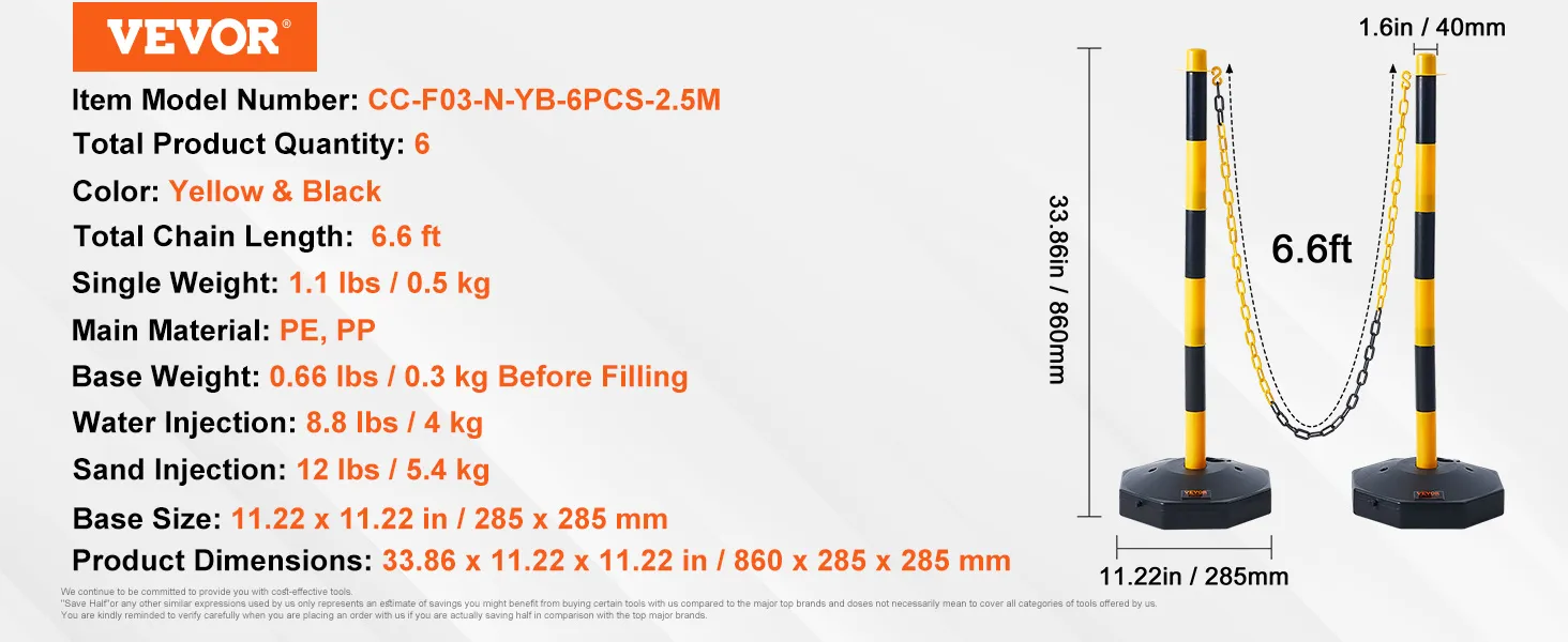 VEVOR-Verkehrsleitkegel, gelb und schwarz, 2 m lange Kette, 6 Stück, PE-/PP-Materialien, Wasser-/Sandfüllung.
