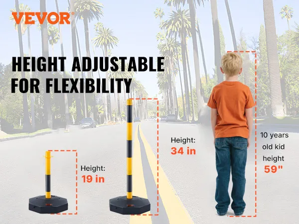VEVOR-Verkehrsleitkegel, höhenverstellbar, 19 bis 34 Zoll, auf einer von Palmen gesäumten Straße.