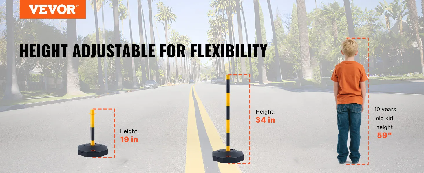 VEVOR-Verkehrsleitkegel, höhenverstellbar, 19 bis 34 Zoll, auf einer von Palmen gesäumten Straße.