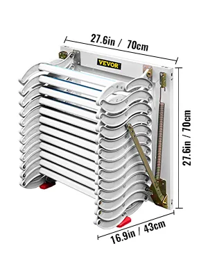 Escalera de ático VEVOR con dimensiones 27,6 x 16,9 x 27,6 pulgadas, plegada para un almacenamiento compacto.