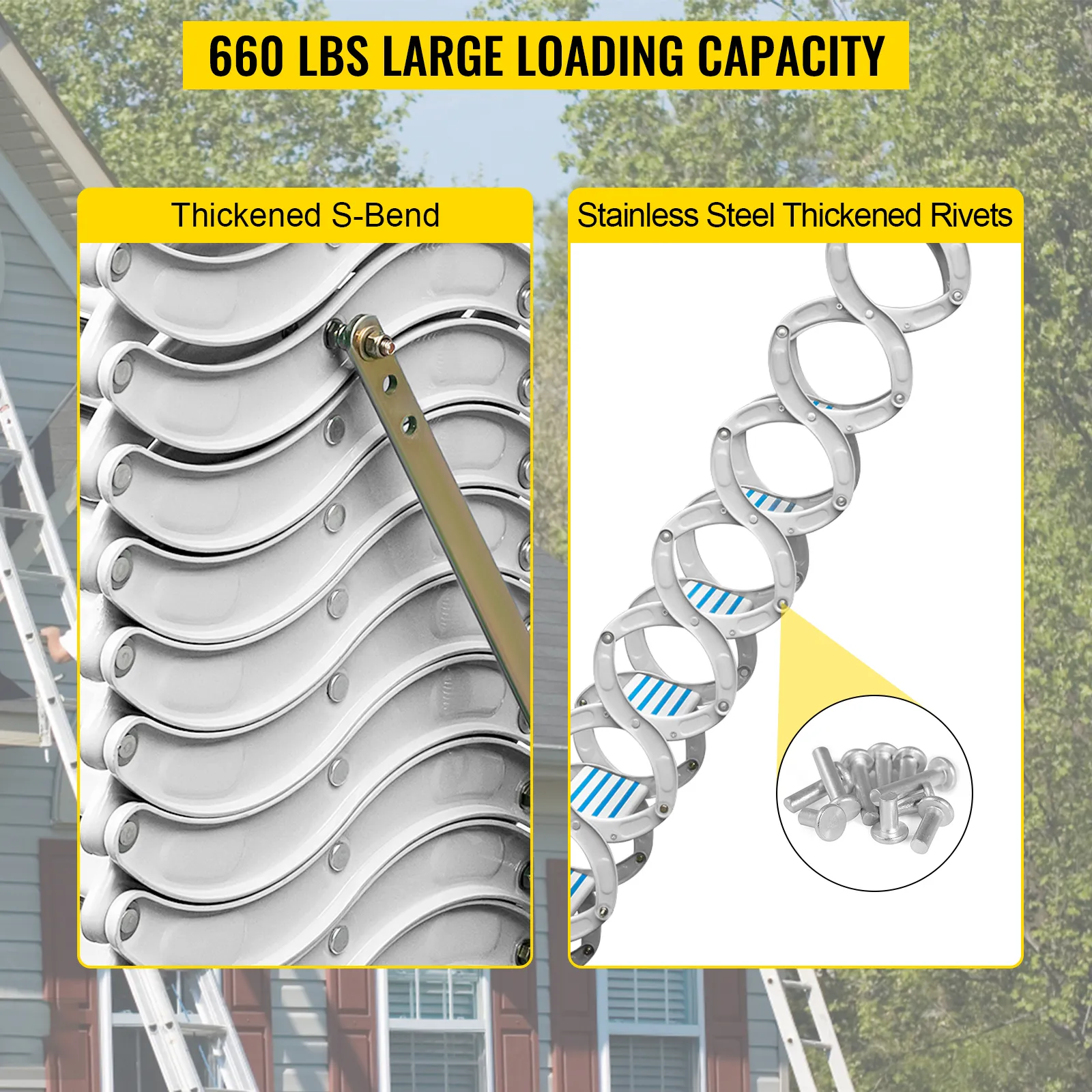 Escalera de ático VEVOR con capacidad de carga de 660 libras, curva en S engrosada y remaches de acero inoxidable.