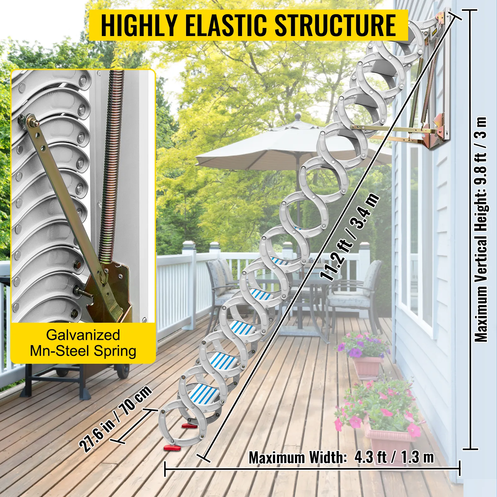Escalera de ático VEVOR con resorte de acero galvanizado sobre fondo de cubierta de madera.