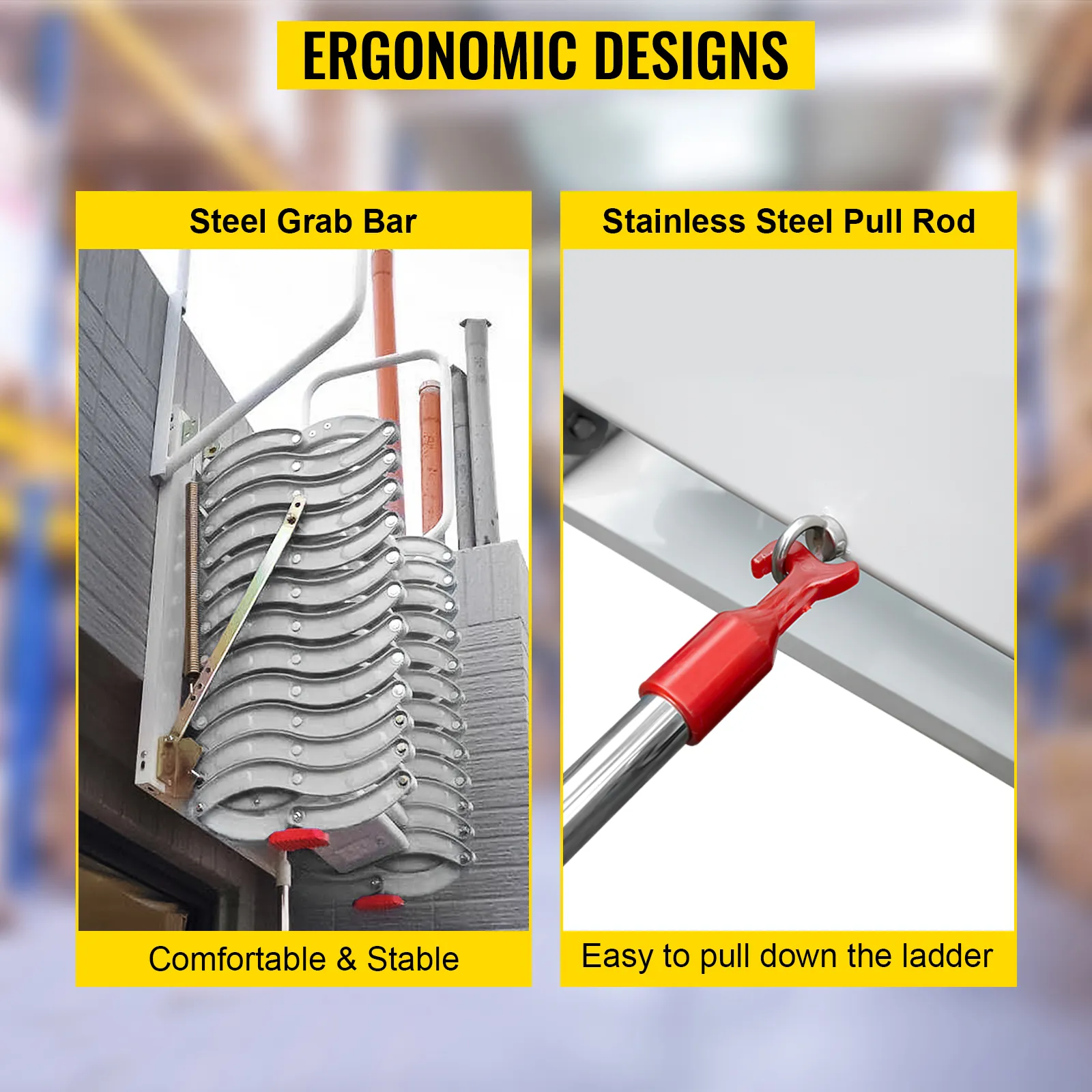 Escalera de ático VEVOR con barra de apoyo de acero y barra de tracción de acero inoxidable para un fácil acceso.