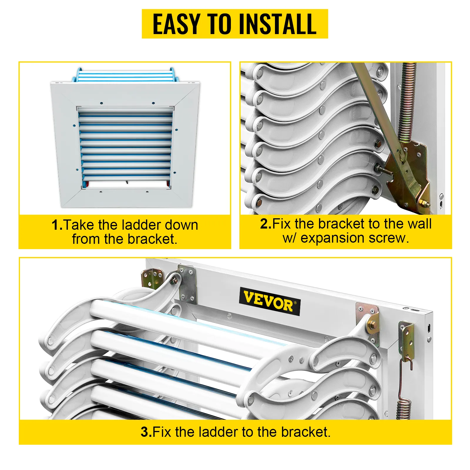 Escalera de ático VEVOR fácil de instalar con instrucciones paso a paso en texto amarillo.