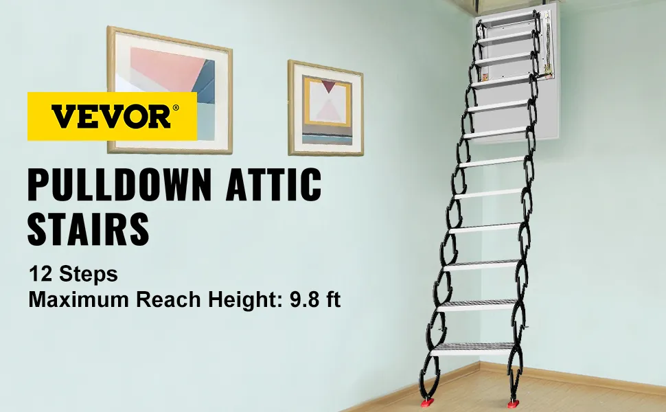 VEVOR attic ladder, 12-step pull-down with 9.8 ft reach height in a minimalist room.