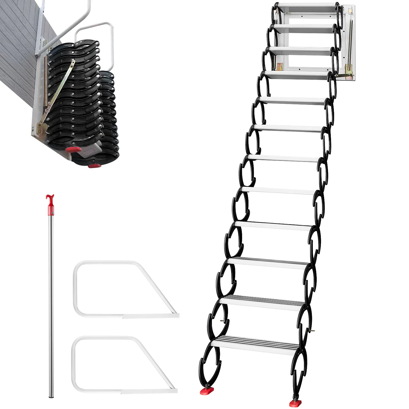 VEVOR attic ladder extended with additional accessories and installation tools.