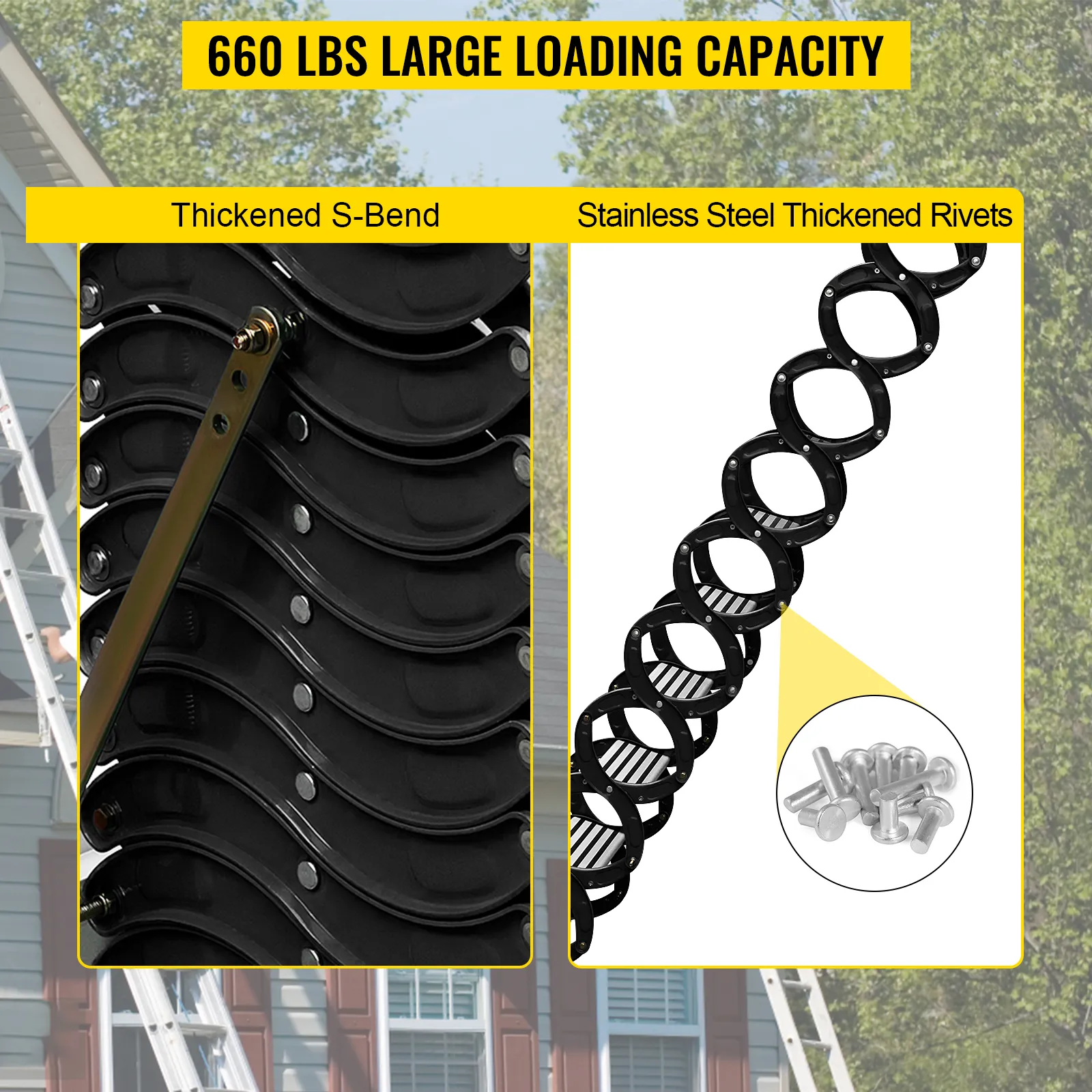 VEVOR attic ladder with thickened s-bend design and stainless steel rivets.