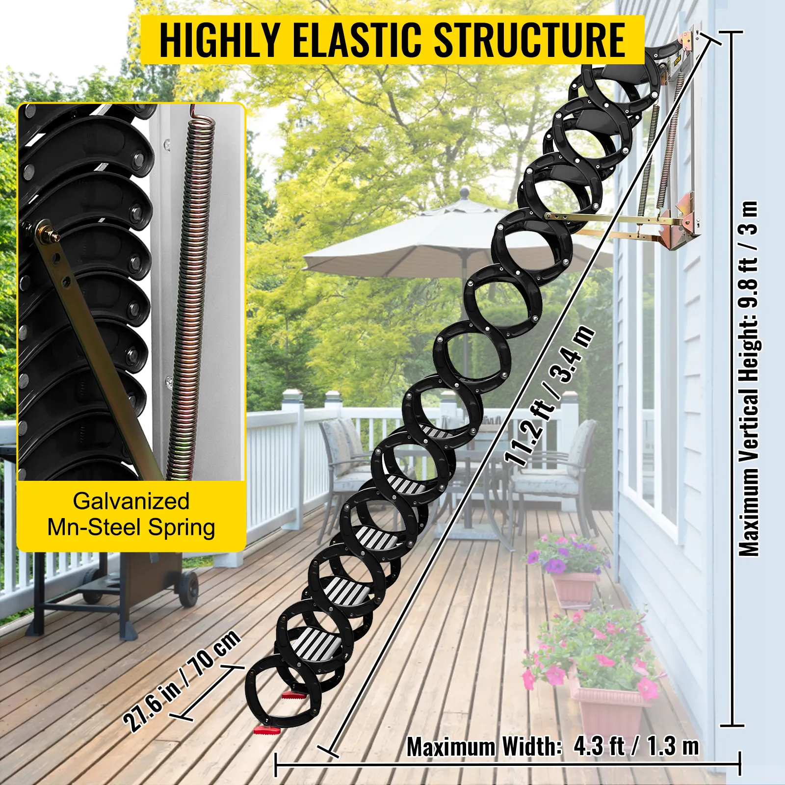 highly elastic VEVOR attic ladder with galvanized mn-steel spring, 9.8 ft height.