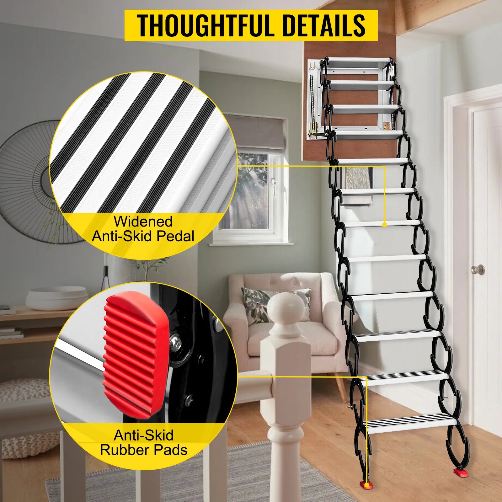 VEVOR attic ladder with widened anti-skid pedal and anti-skid rubber pads.
